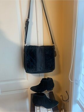Black leather calf hair messenger bag braided